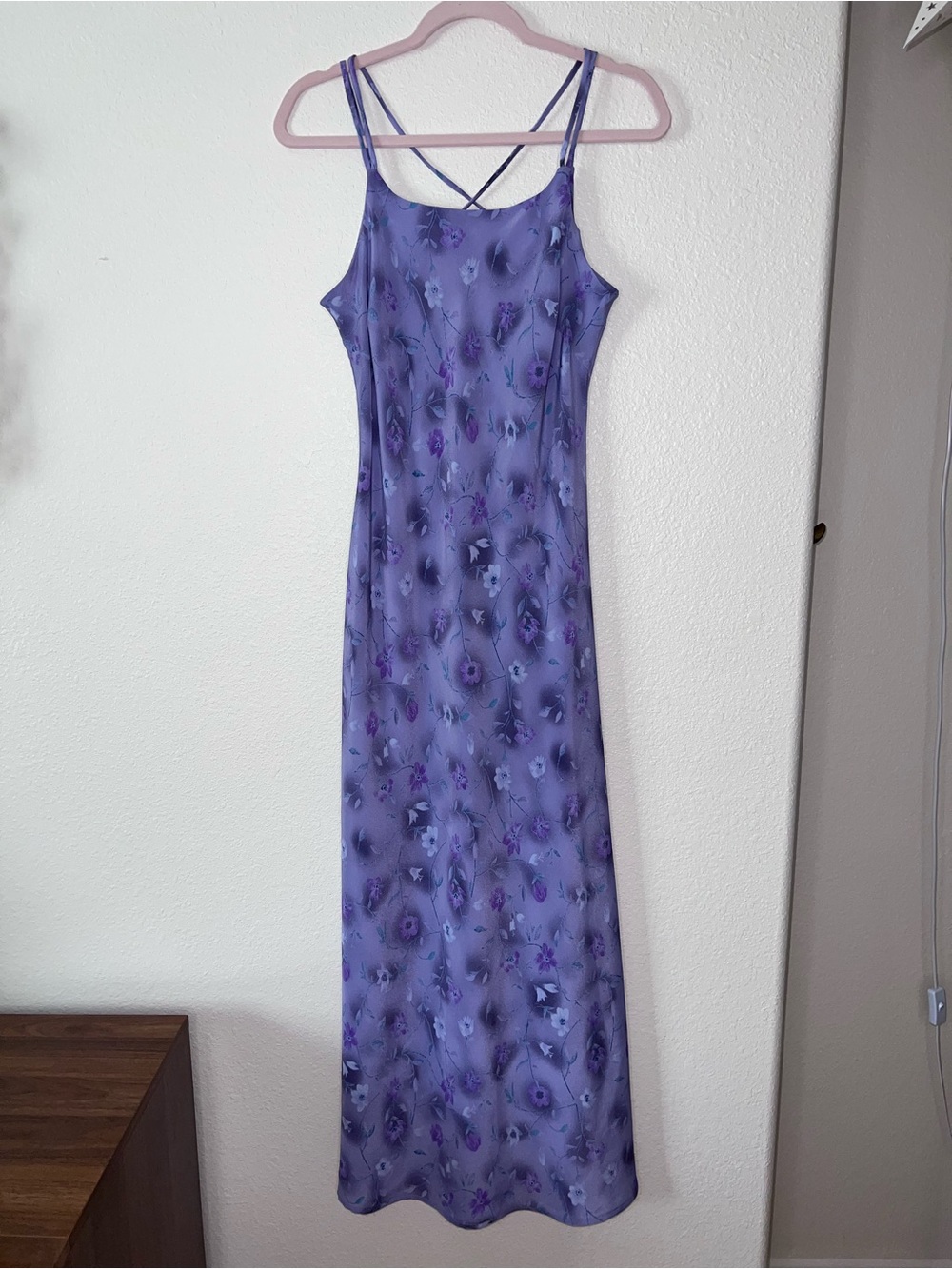 DBY Purple Floral Maxi Slip Dress with Spaghetti Straps cross back Medium Y2K